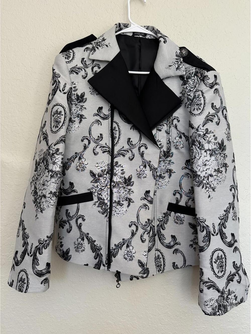 ANGELINO Men's Silver Black Floral Fashio blazer jacket sport Size L